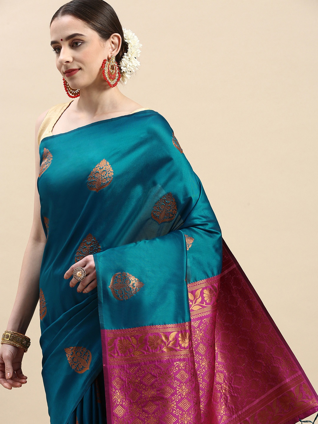 

Royal Rajgharana Saree Woven Design Ethnic Motifs Zari Pure Silk Banarasi Saree, Teal