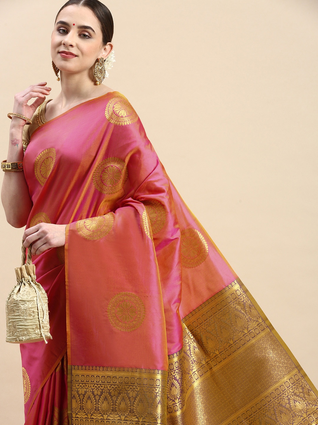 

Royal Rajgharana Saree Woven Design Ethnic Motifs Zari Pure Silk Banarasi Saree, Peach