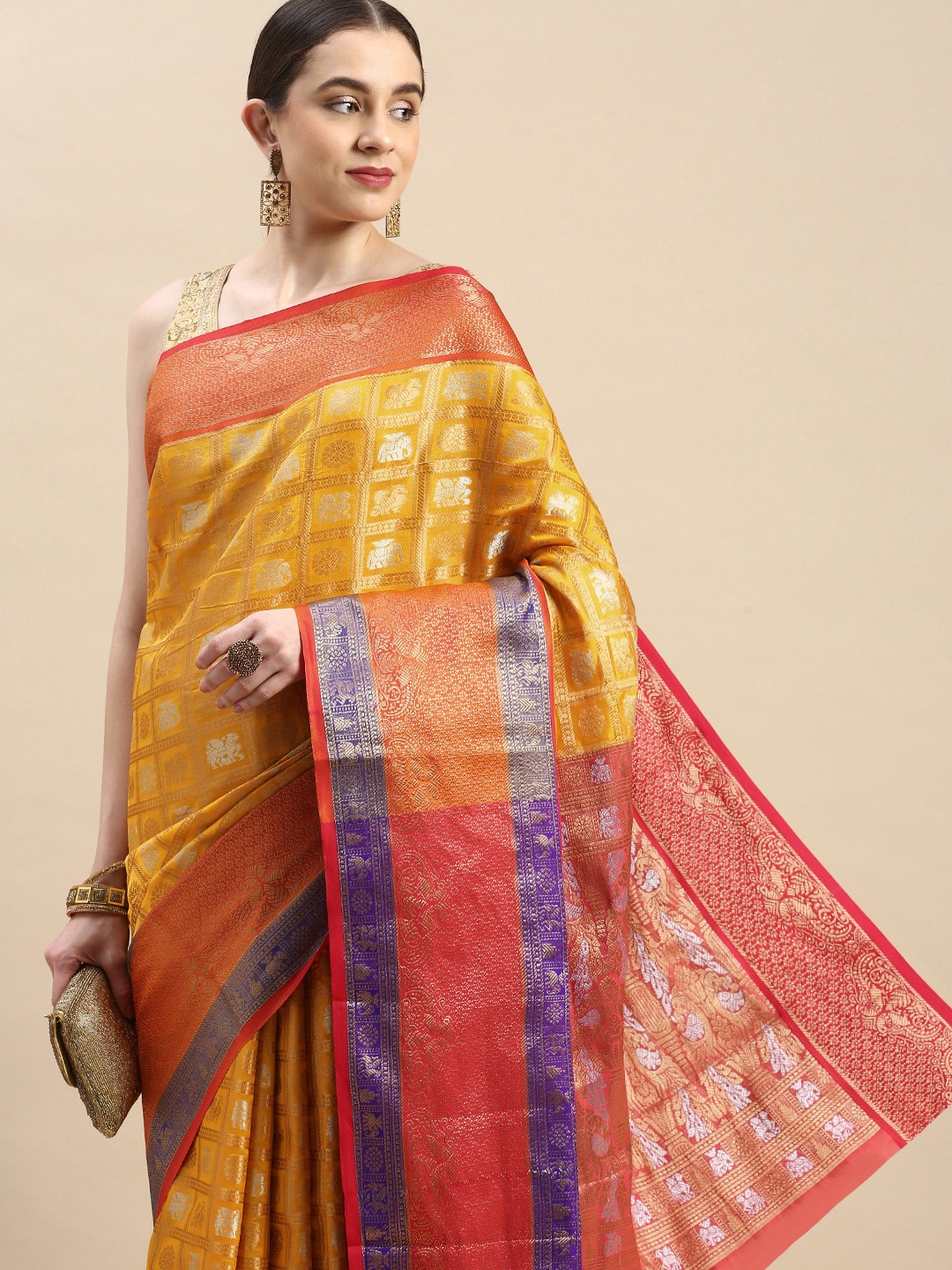 

Royal Rajgharana Saree Woven Design Ethnic Motifs Zari Pure Silk Kanjeevaram Saree, Yellow