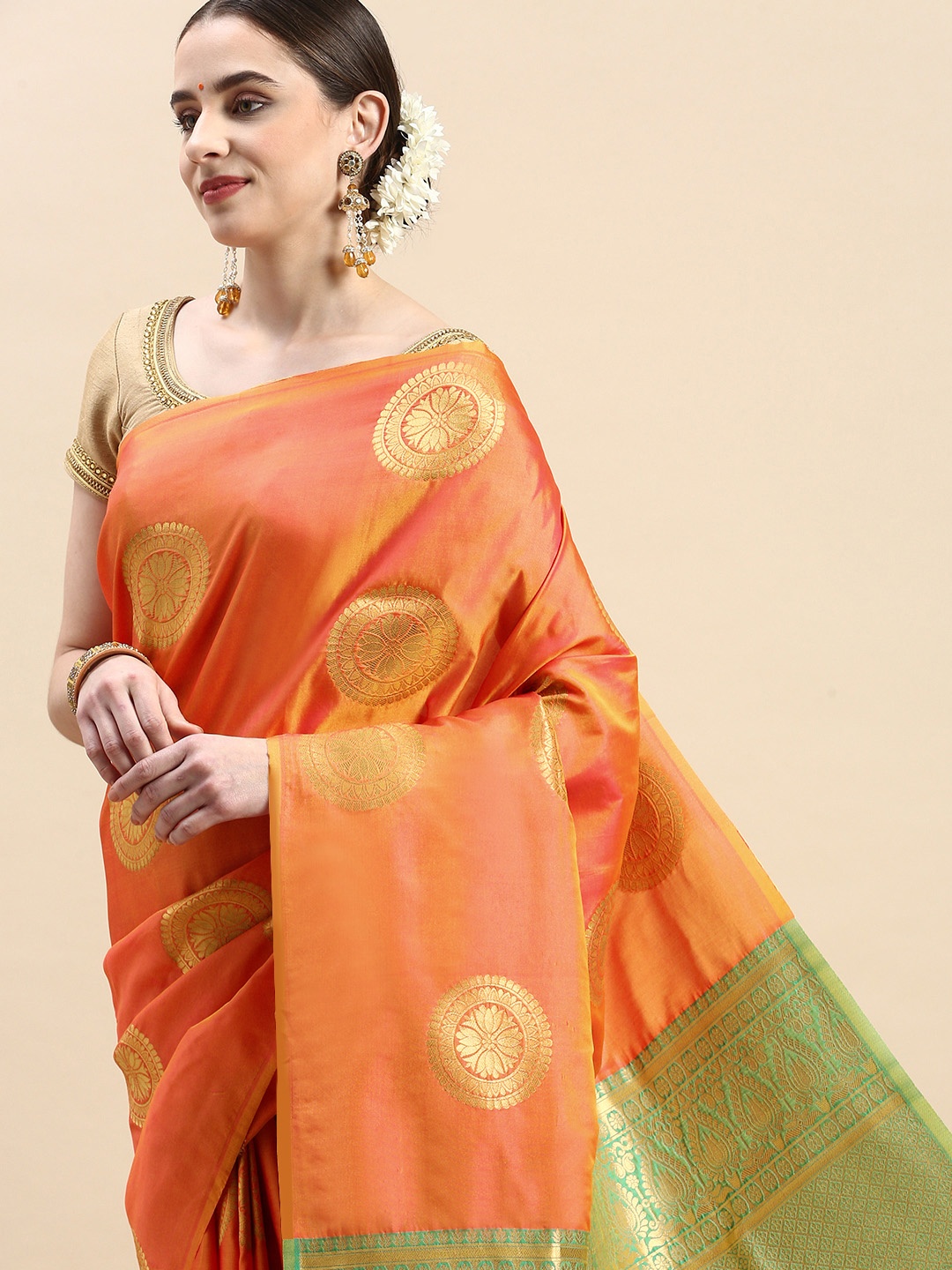 

Royal Rajgharana Saree Woven Design Ethnic Motifs Zari Pure Silk Banarasi Saree, Orange