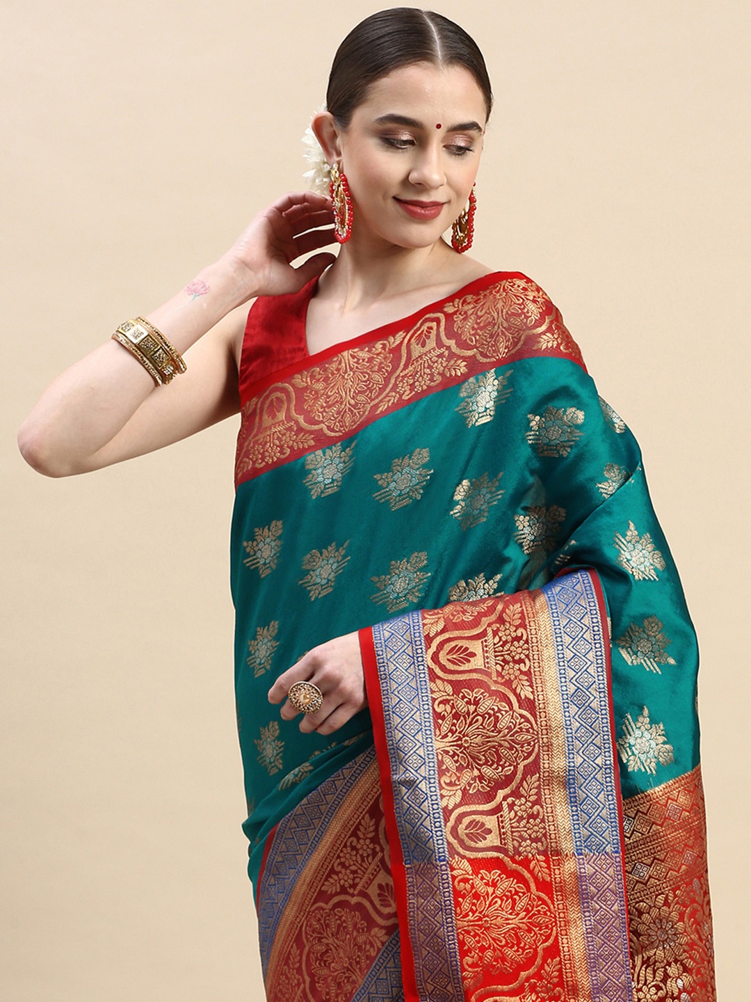 

Royal Rajgharana Saree Ethnic Motifs Zari Pure Silk Kanjeevaram Saree, Teal