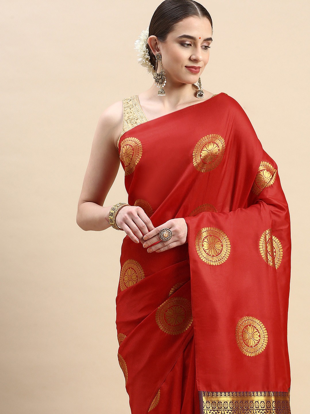 

Royal Rajgharana Saree Woven Design Ethnic Motifs Zari Pure Silk Banarasi Saree, Red