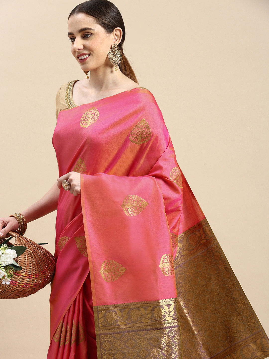 

Royal Rajgharana Saree Woven Design Ethnic Motifs Zari Pure Silk Banarasi Saree, Peach