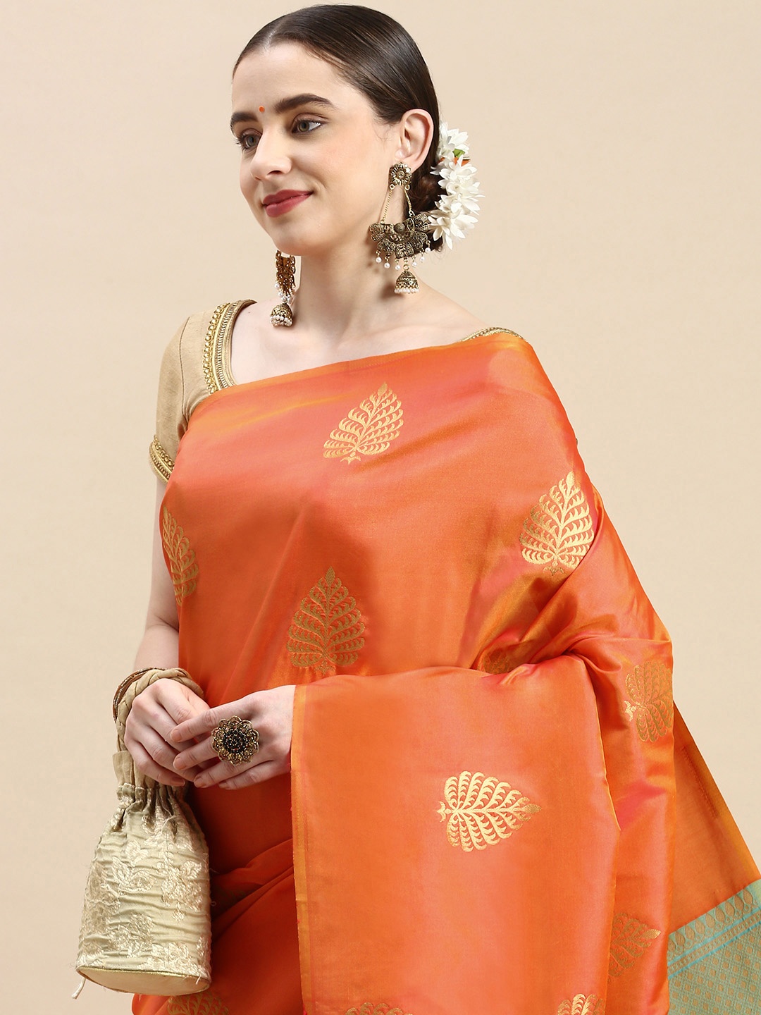 

Royal Rajgharana Saree Woven Design Ethnic Motifs Zari Pure Silk Banarasi Saree, Orange