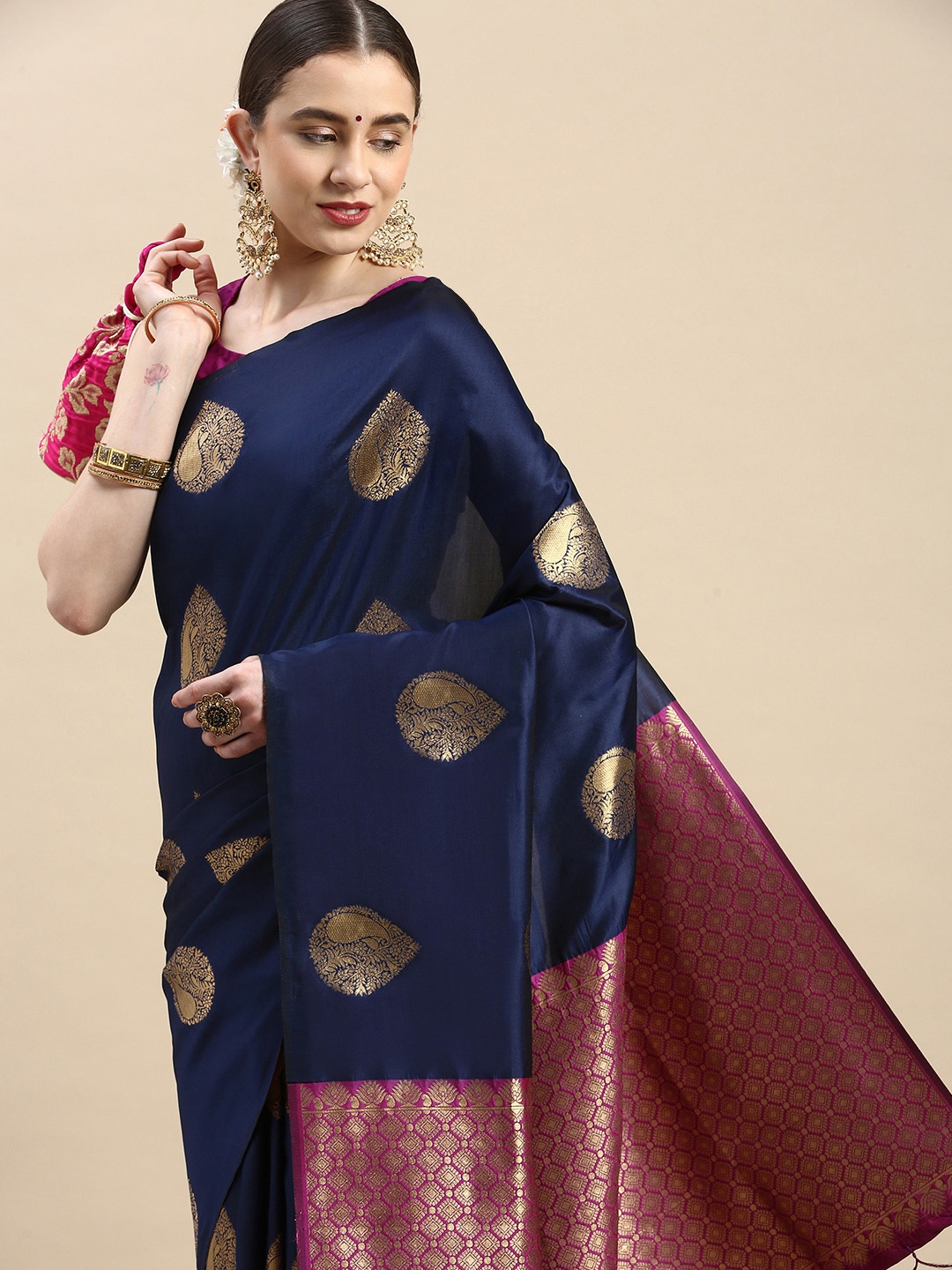 

Royal Rajgharana Saree Woven Design Ethnic Motifs Zari Pure Silk Banarasi Saree, Navy blue