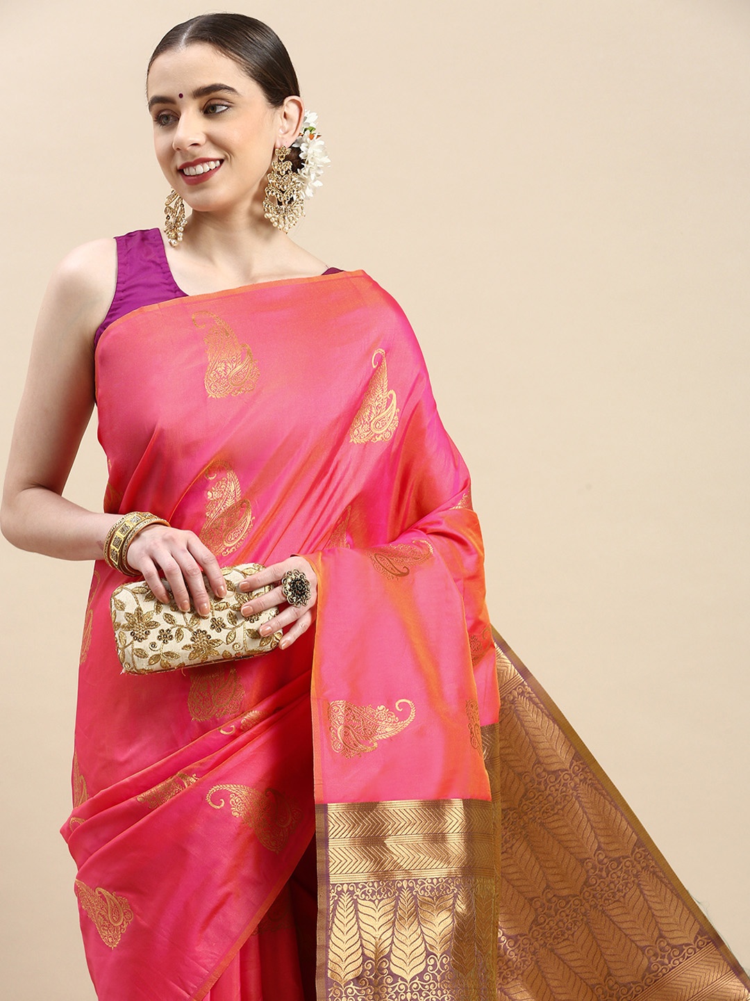 

Royal Rajgharana Saree Woven Design Ethnic Motifs Zari Pure Silk Banarasi Saree, Peach