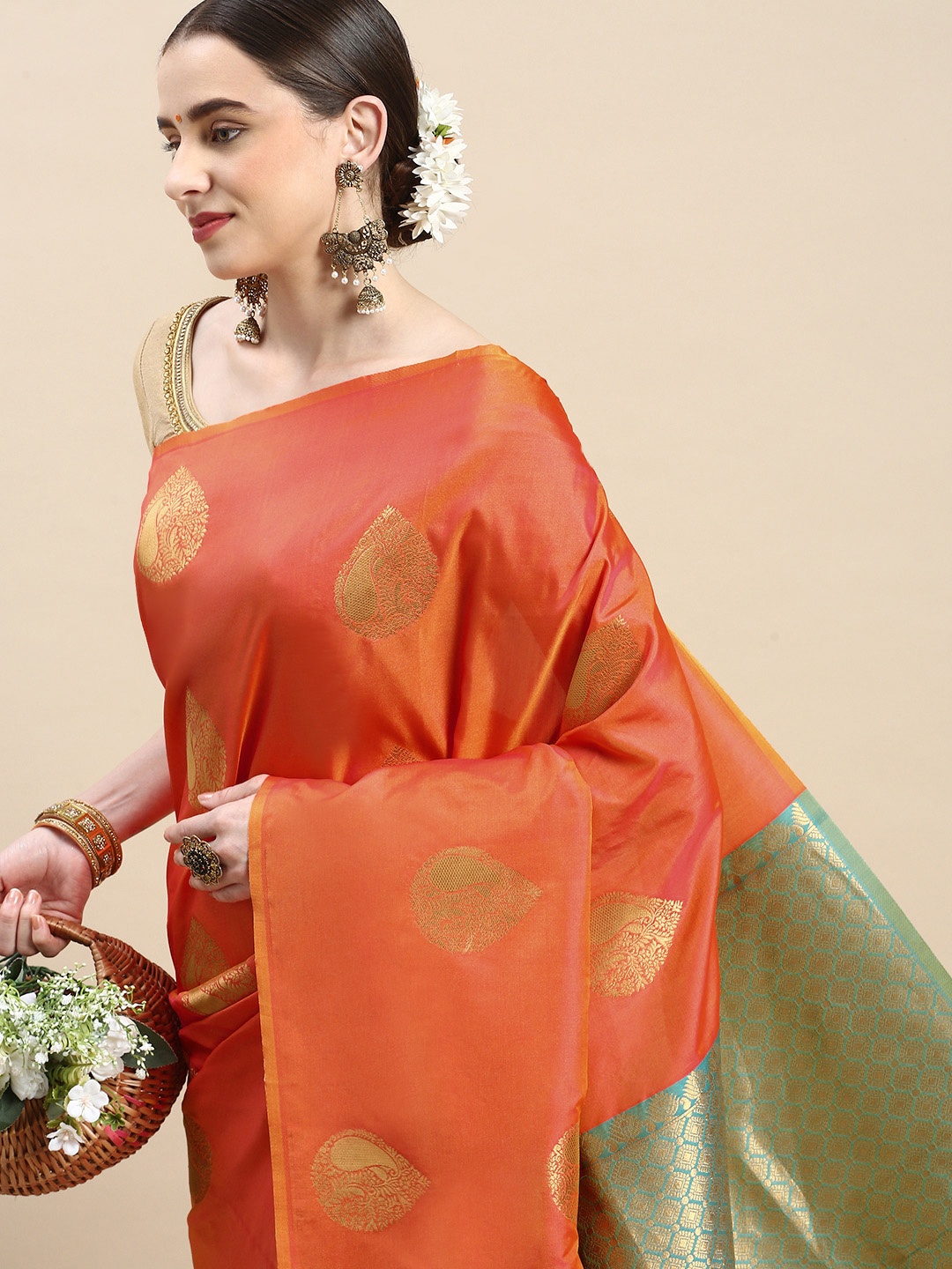 

Royal Rajgharana Saree Woven Design Ethnic Motifs Zari Pure Silk Banarasi Saree, Orange
