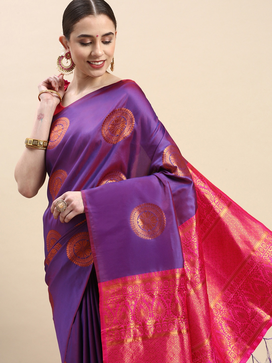 

Royal Rajgharana Saree Woven Design Ethnic Motifs Zari Pure Silk Banarasi Saree, Purple