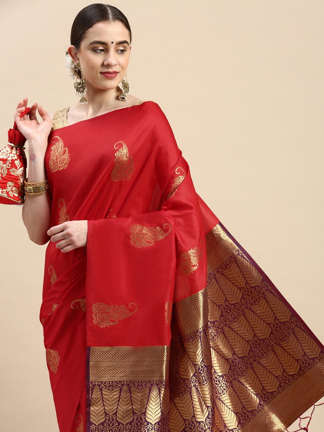 

Royal Rajgharana Saree Woven Design Ethnic Motifs Zari Pure Silk Banarasi Saree, Red