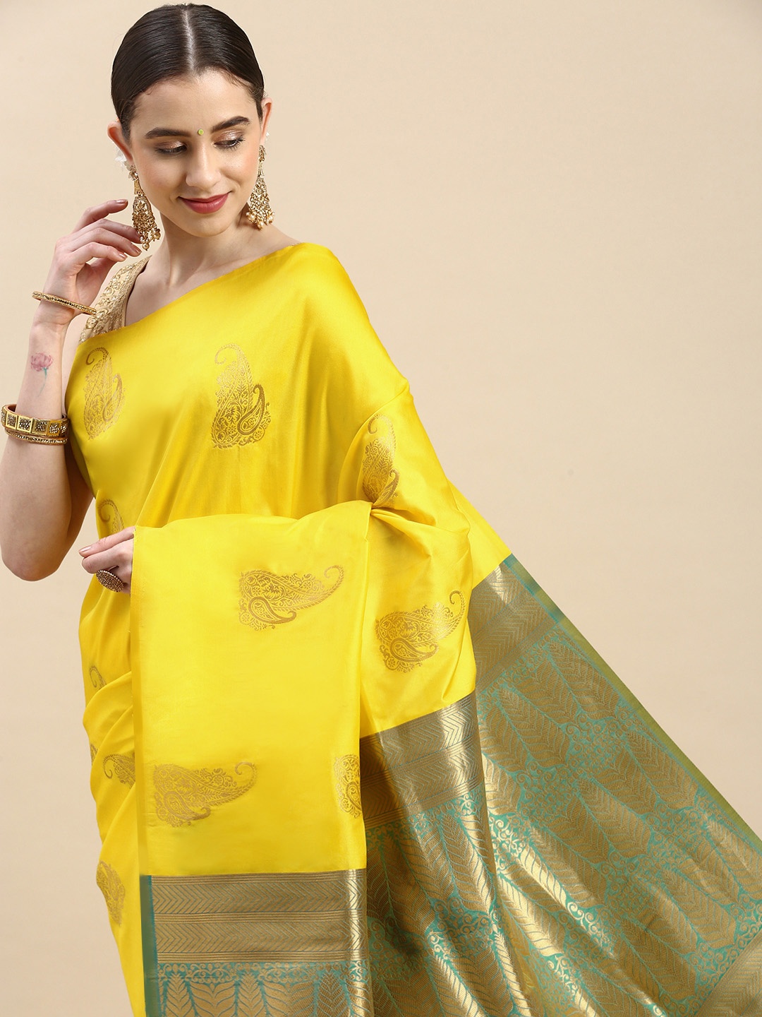 

Royal Rajgharana Saree Woven Design Ethnic Motifs Zari Pure Silk Banarasi Saree, Yellow