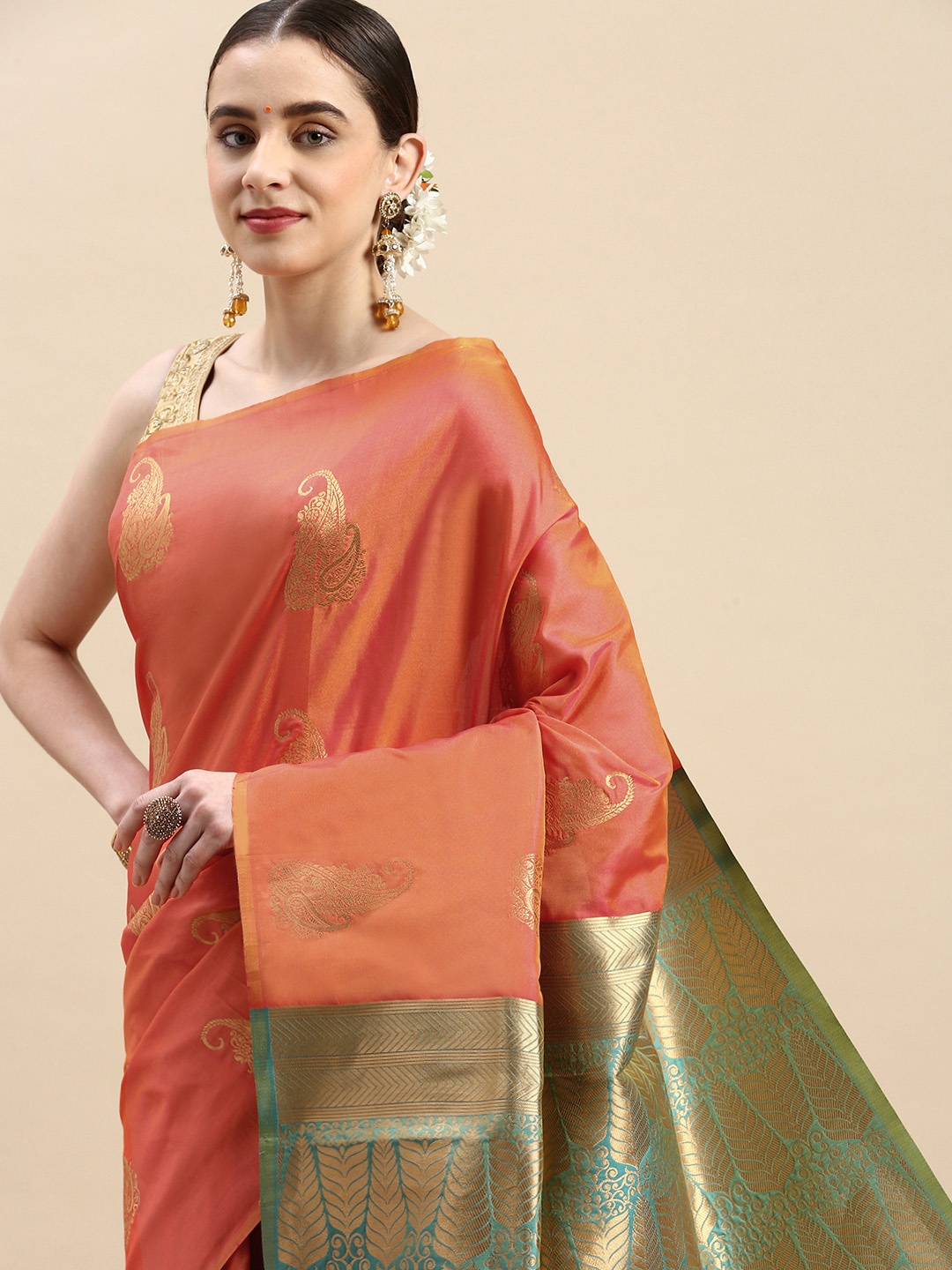 

Royal Rajgharana Saree Woven Design Ethnic Motifs Zari Pure Silk Banarasi Saree, Orange