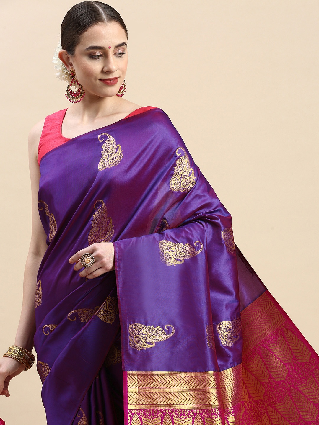 

Royal Rajgharana Saree Woven Design Ethnic Motifs Zari Pure Silk Banarasi Saree, Purple