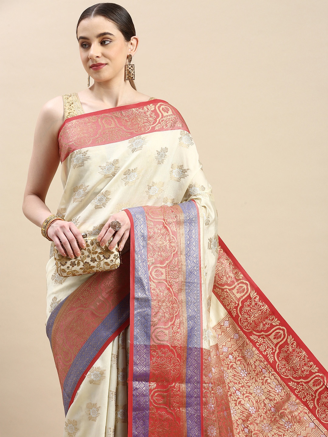 

Royal Rajgharana Saree Woven Design Ethnic Motifs Zari Pure Silk Kanjeevaram Saree, White