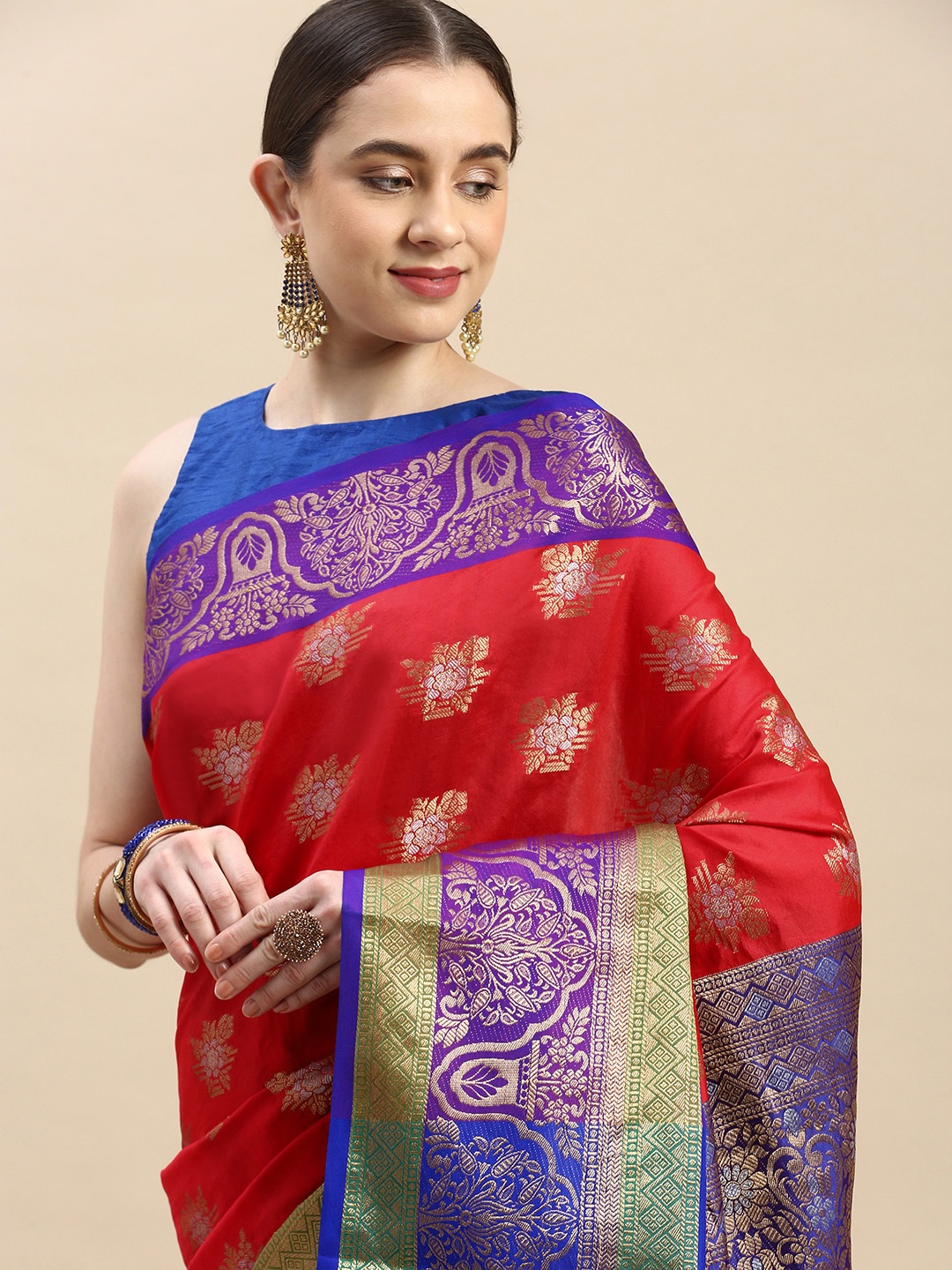 

Royal Rajgharana Saree Woven Design Ethnic Motifs Zari Pure Silk Kanjeevaram Saree, Red