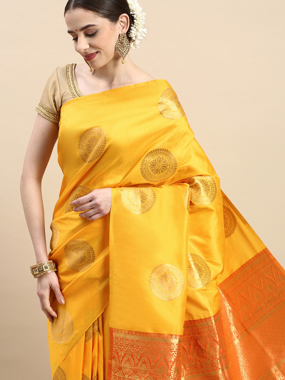 

Royal Rajgharana Saree Woven Design Ethnic Motifs Zari Pure Silk Banarasi Saree, Yellow