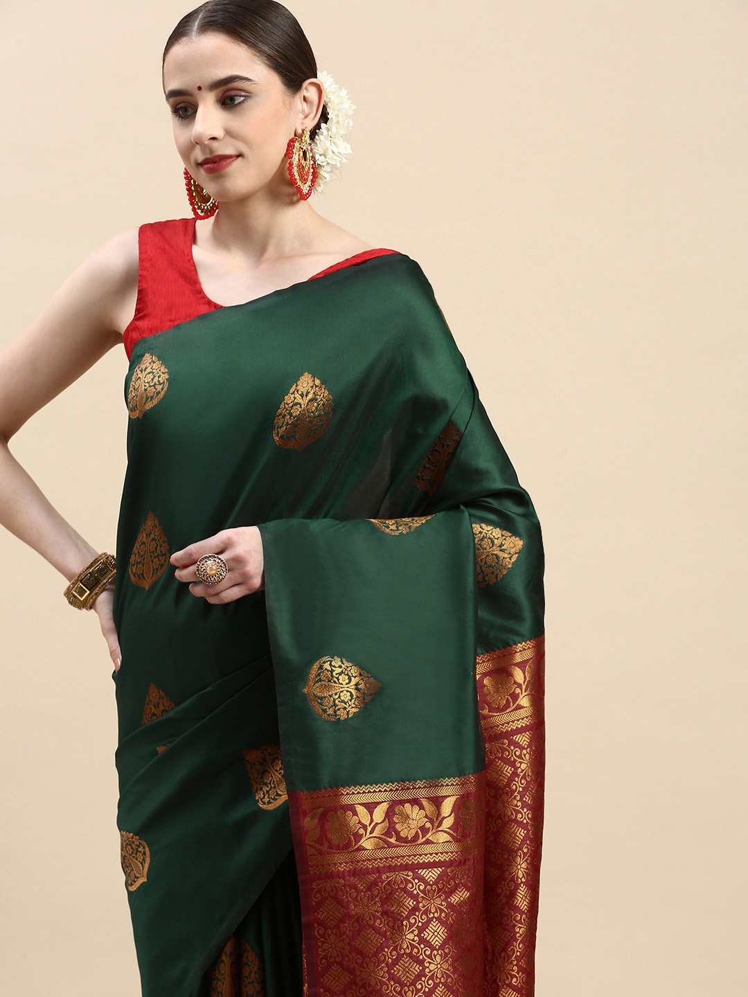 

Royal Rajgharana Saree Woven Design Ethnic Motifs Zari Pure Silk Banarasi Saree, Green