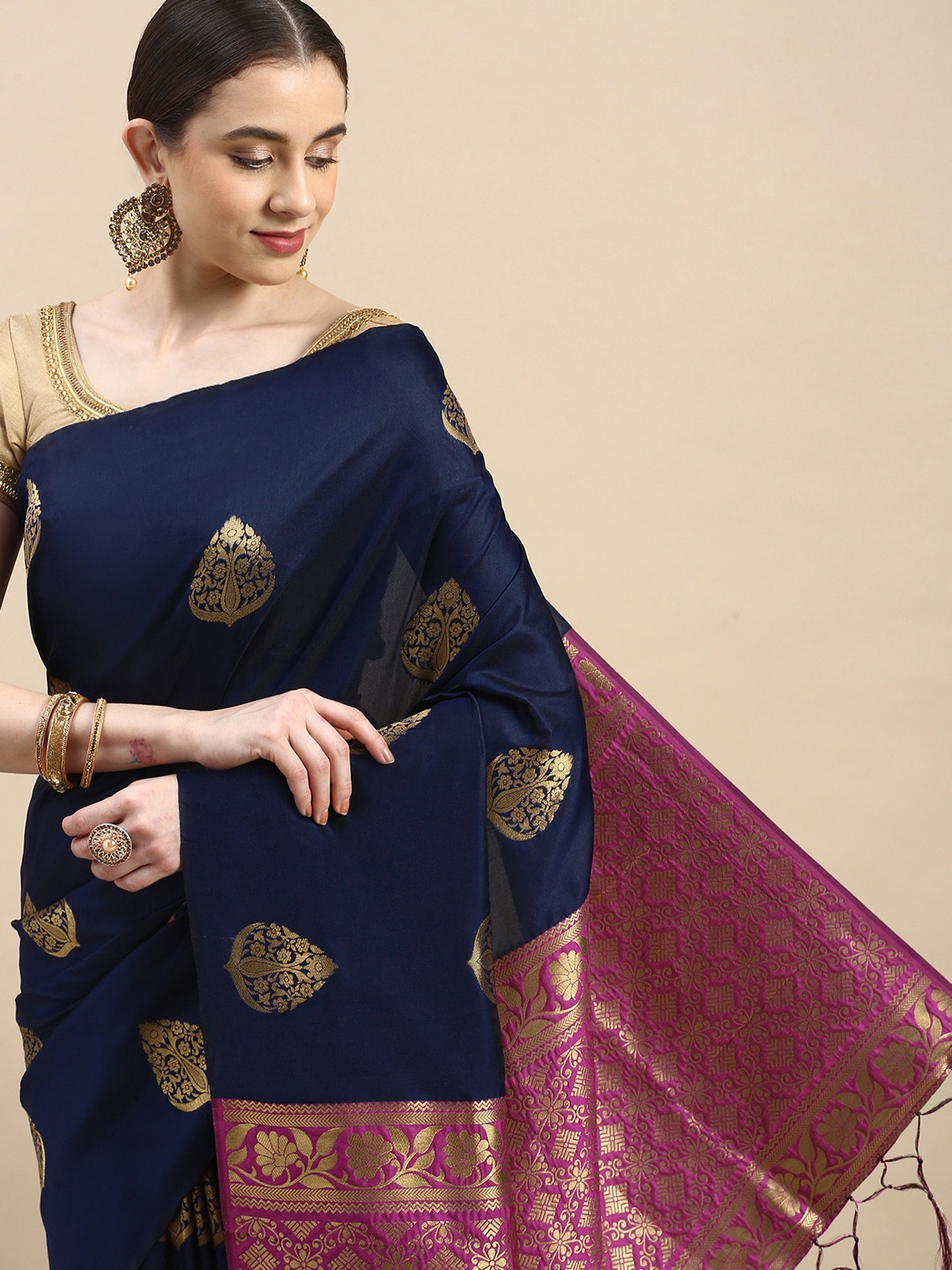 

Royal Rajgharana Saree Woven Design Ethnic Motifs Zari Pure Silk Banarasi Saree, Navy blue