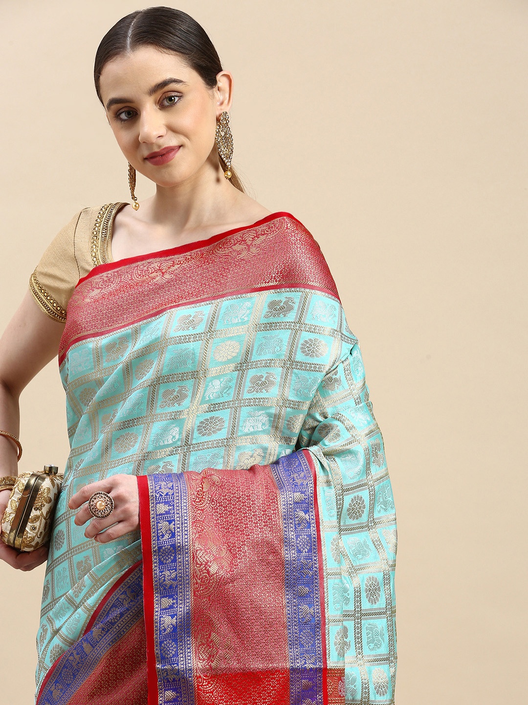 

Royal Rajgharana Saree Woven Design Ethnic Motifs Zari Pure Silk Kanjeevaram Saree, Sea green