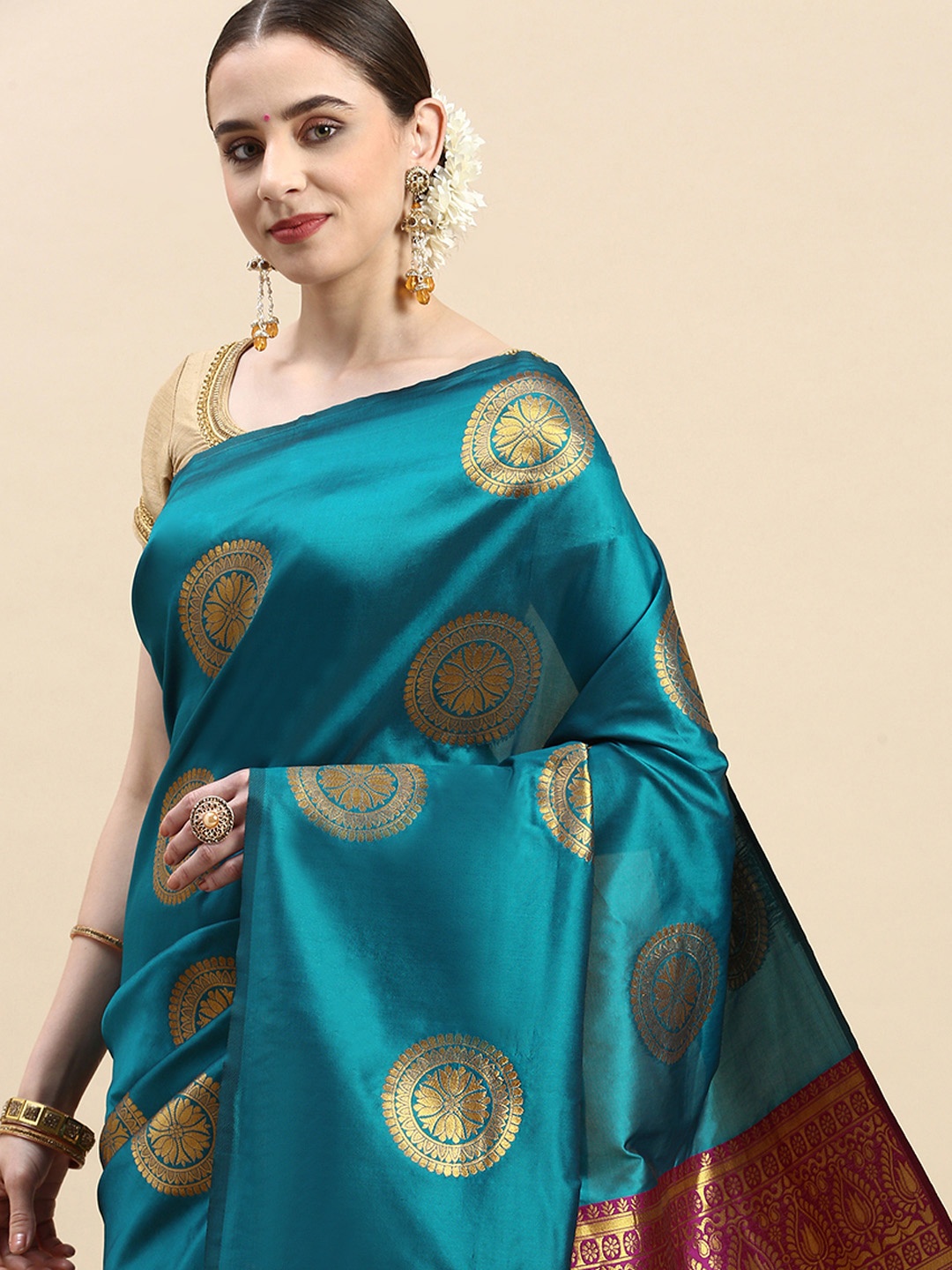 

Royal Rajgharana Saree Woven Design Ethnic Motifs Zari Pure Silk Banarasi Saree, Teal