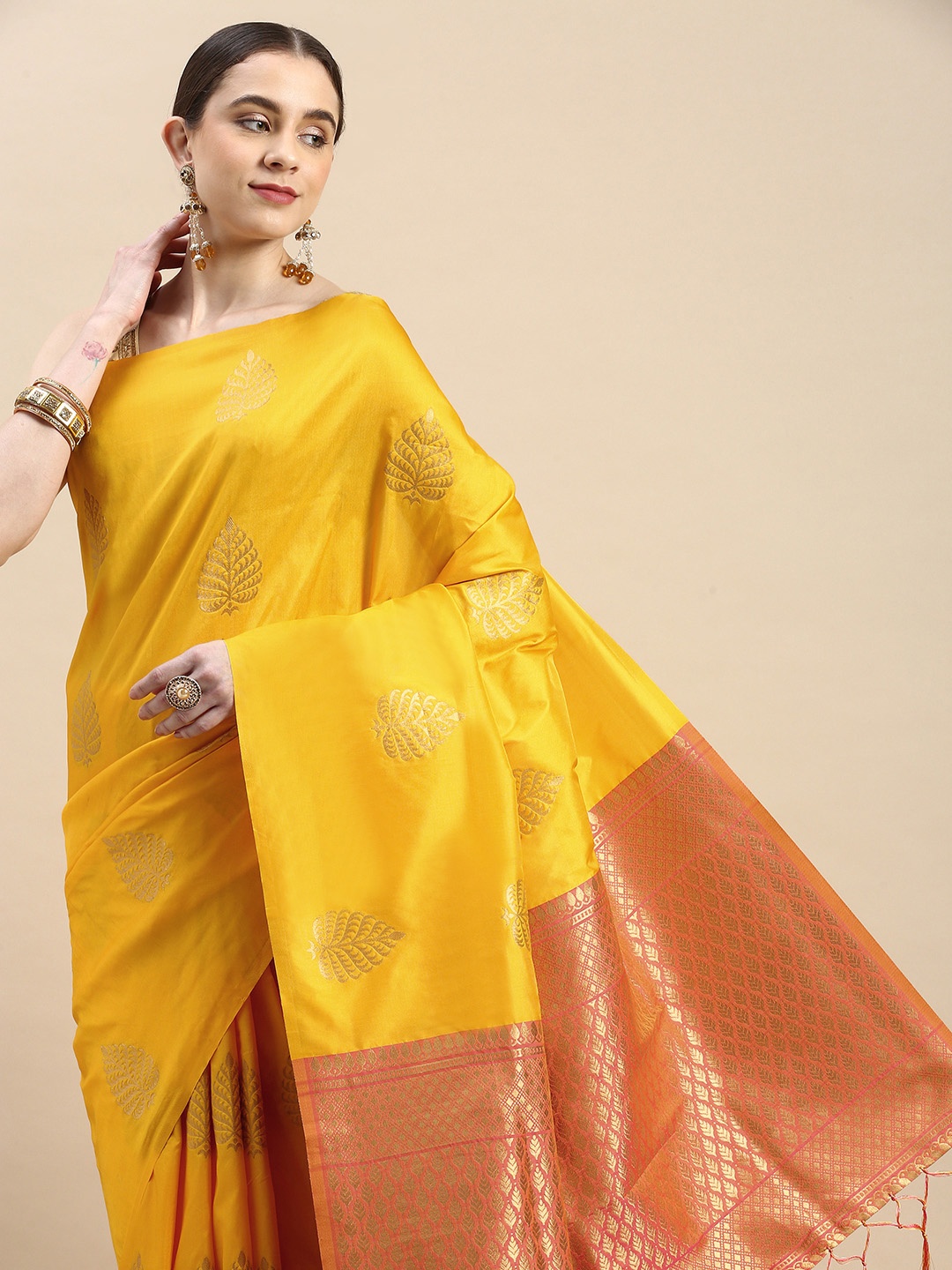

Royal Rajgharana Saree Woven Design Ethnic Motifs Zari Pure Silk Banarasi Saree, Yellow