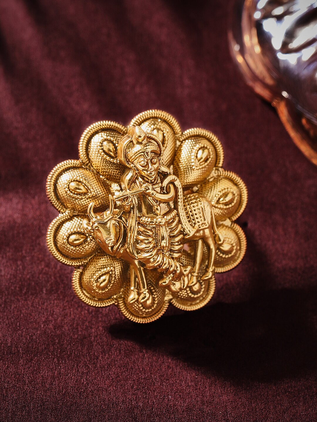

Rubans 22k Gold-Plated Lord Krishna Temple Design Adjustable Finger Ring