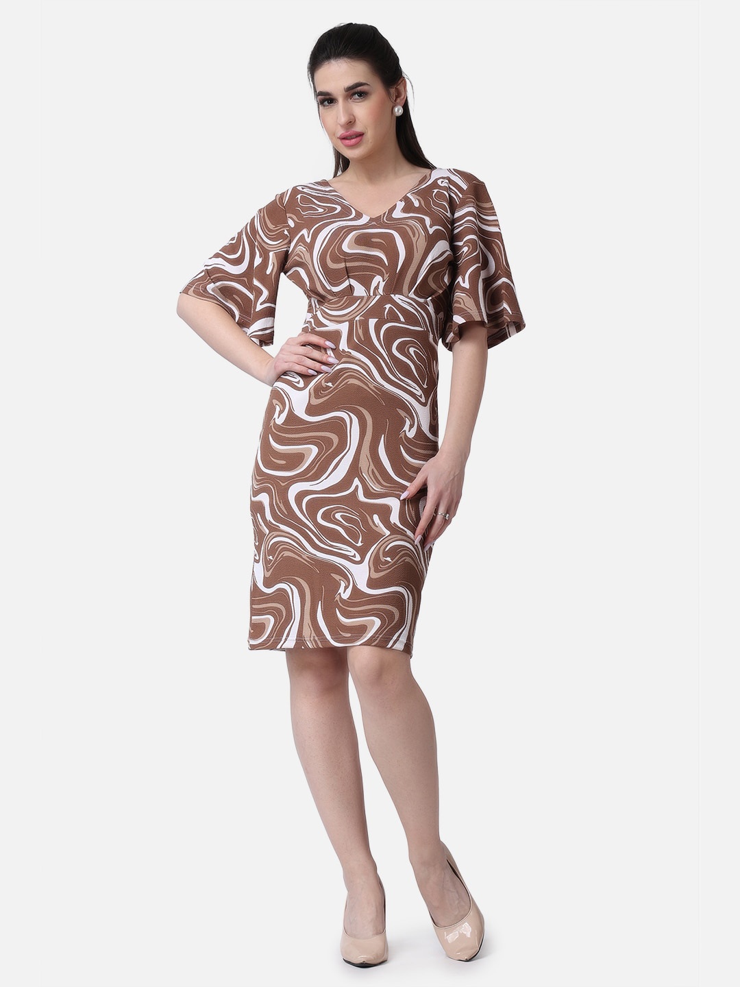 

Popwings V-Neck Abstract Printed Sheath Dress, Brown