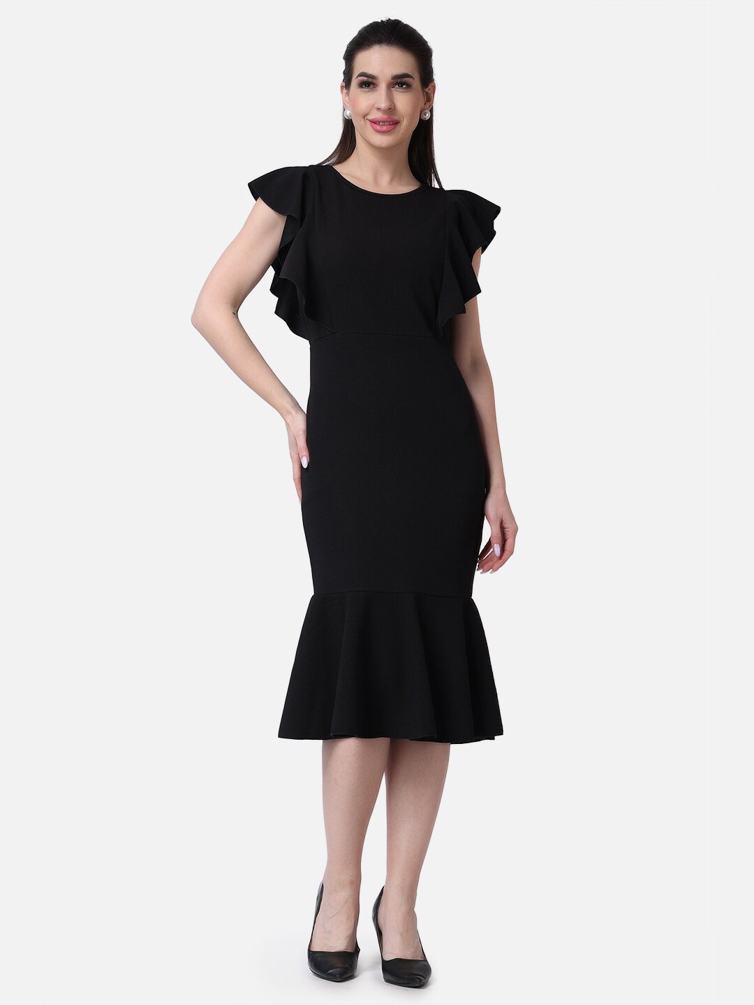 

Popwings Round Neck Sheath Midi Dress, Black