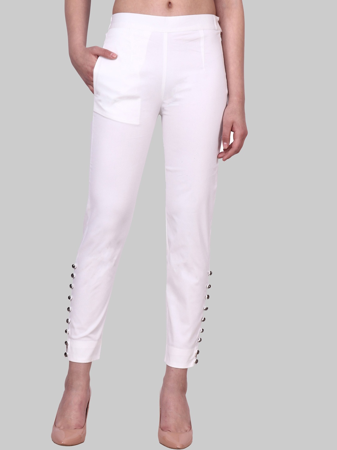 

Popwings Women Mid Rise Stretchable Cotton Trouser, White