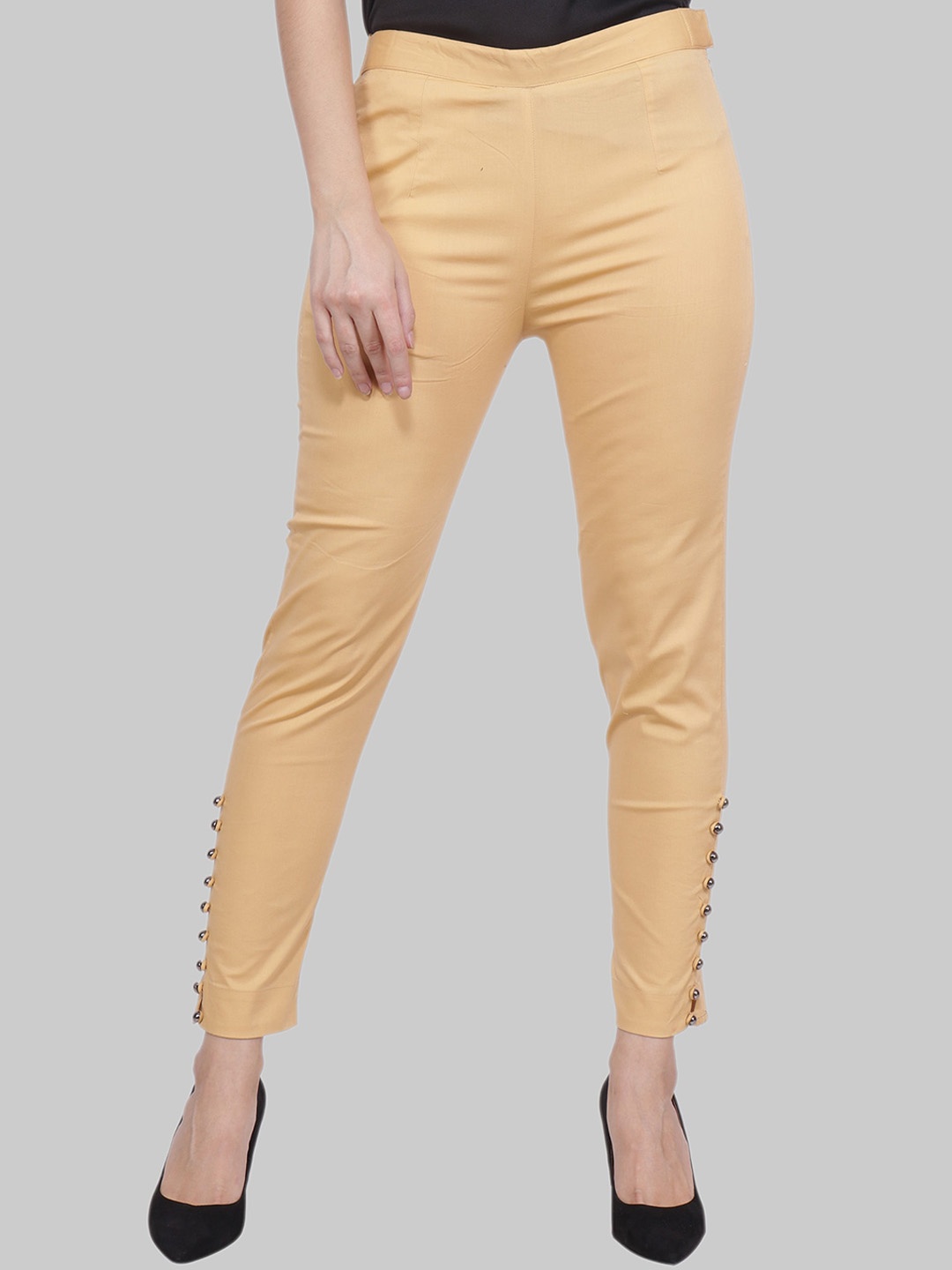

Popwings Women Smart Mid-Rise Cigarette Trousers, Gold