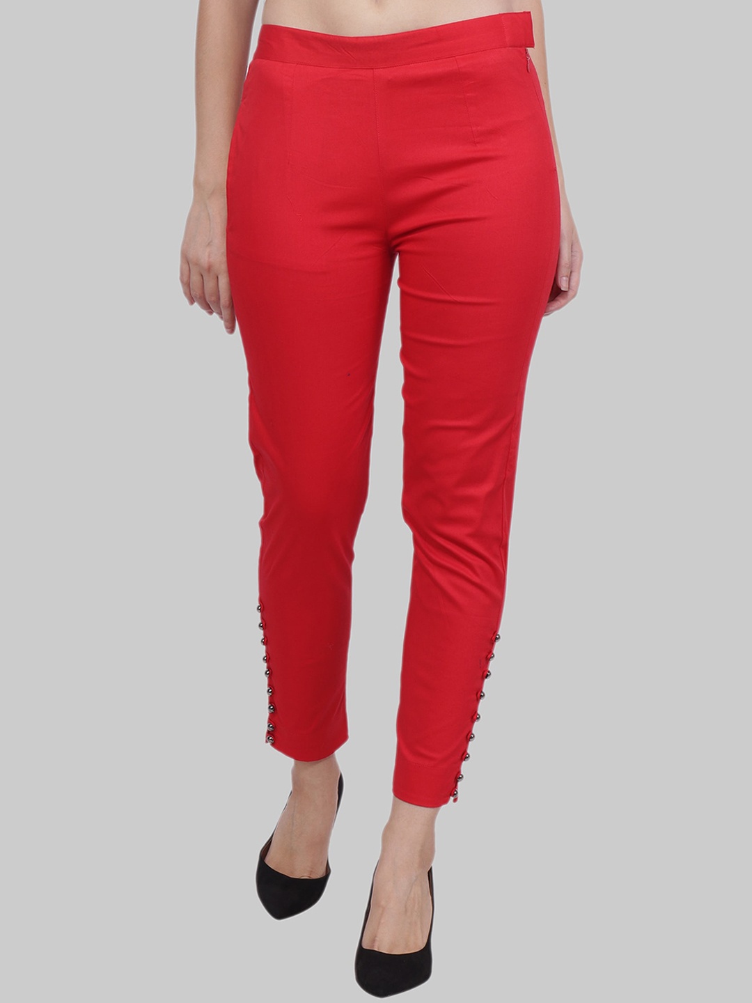

Popwings Women Stretchable Cotton Slim-Fit Trousers, Red