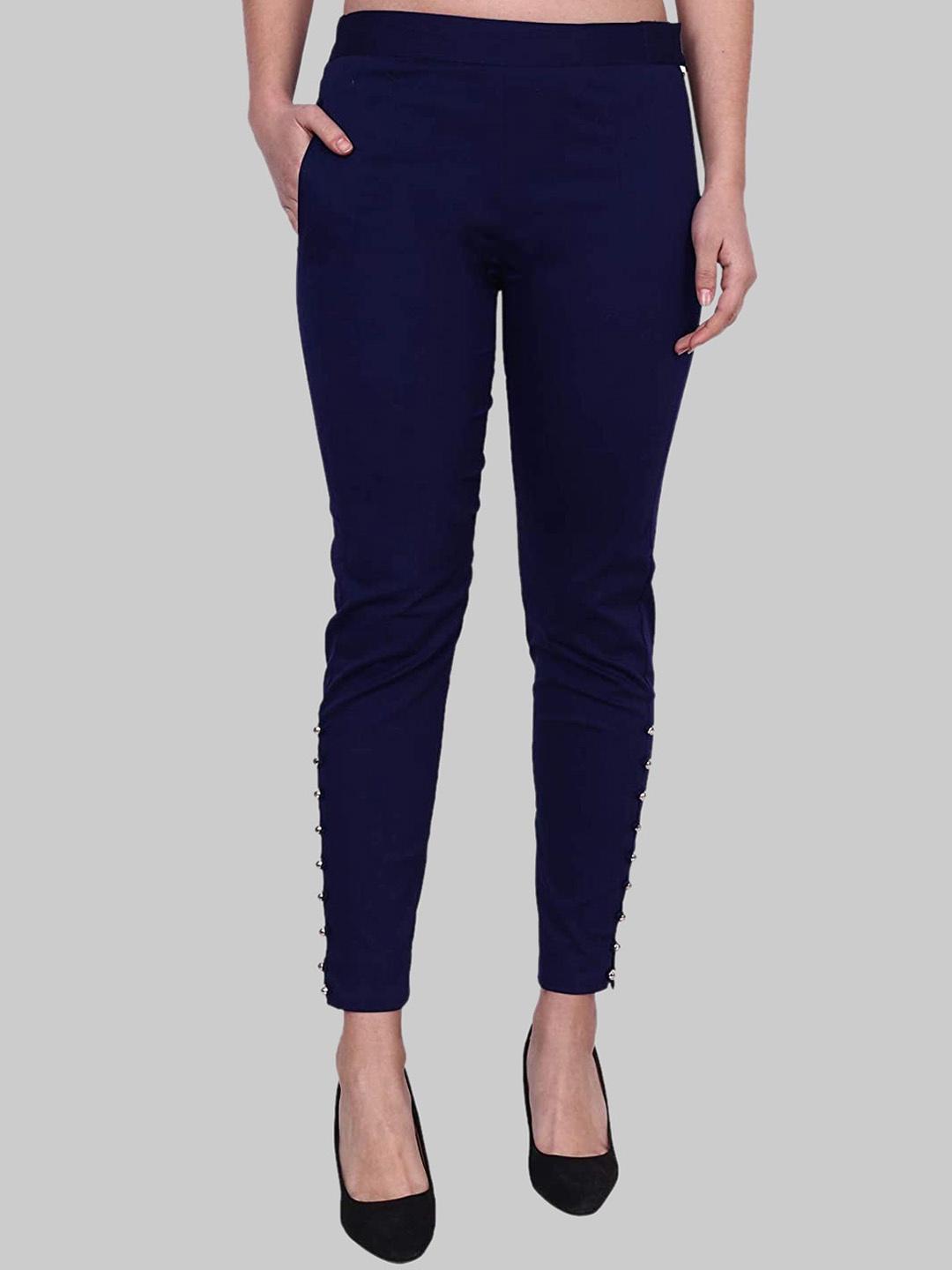 

Popwings Women Stretchable Cotton Slim-Fit Trousers, Navy blue