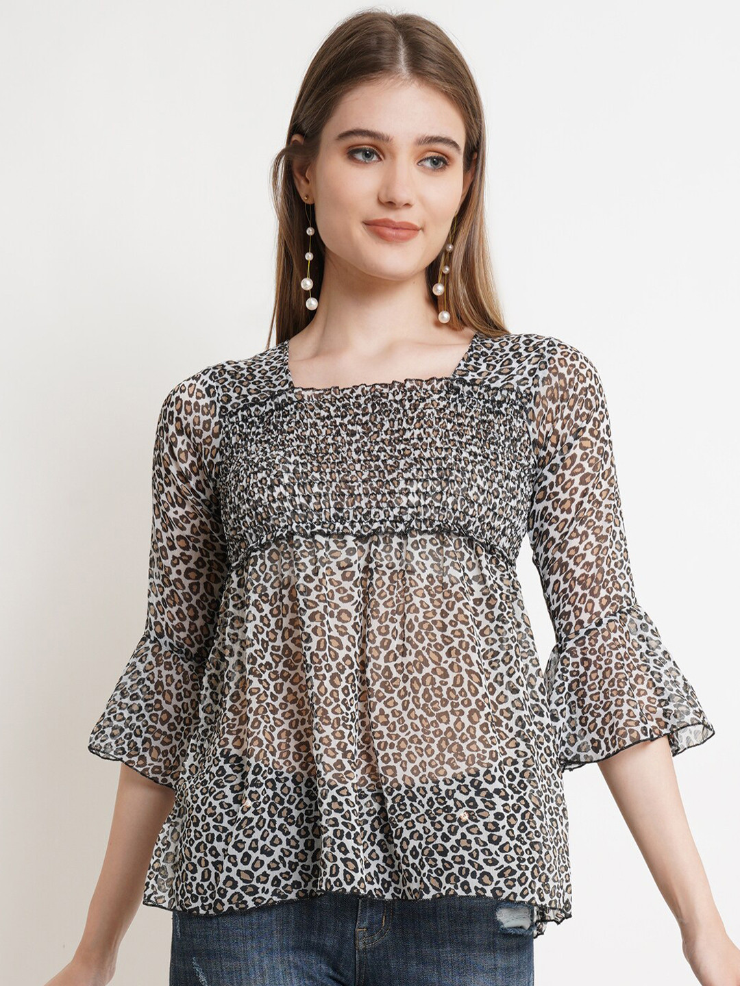 

Popwings Animal Print Square Neck Empire Top, White