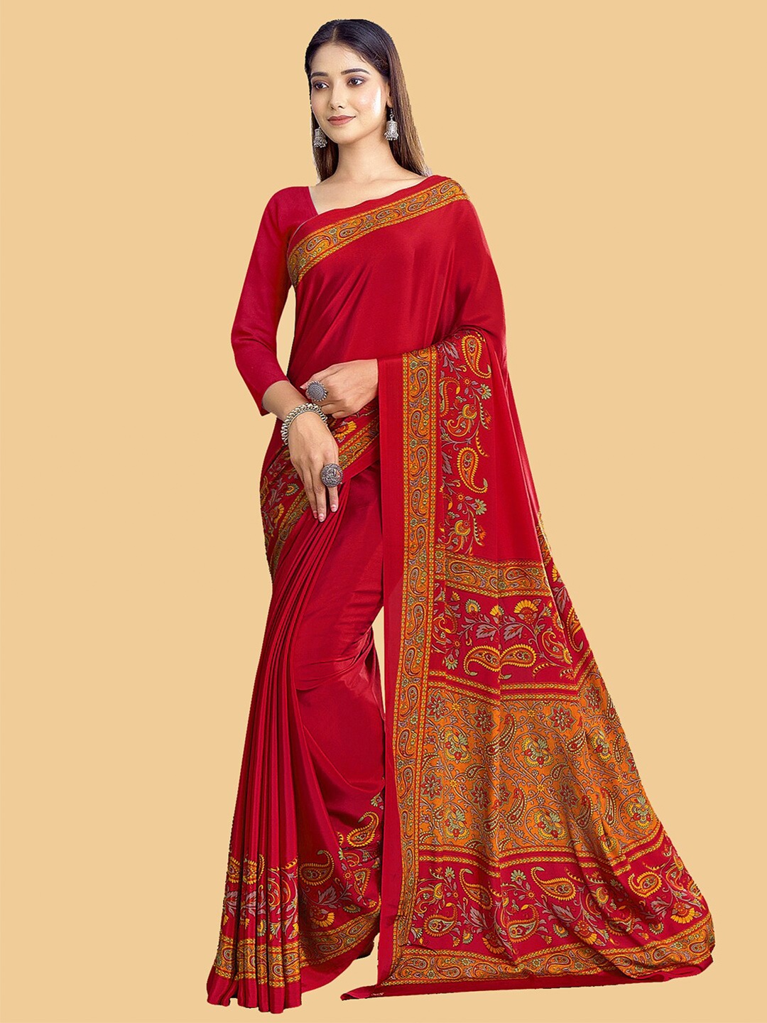 

Kasak Paisley Printed Bordered Saree, Red