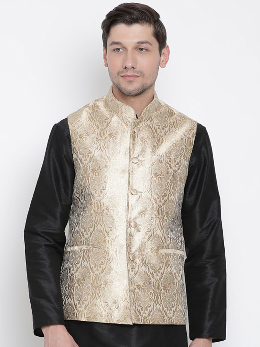 

VASTRAMAY Men Woven Nehru Jacket, Rose gold