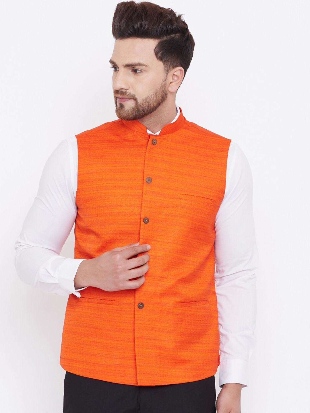

VASTRAMAY Men Woven Design Nehru Jackets, Orange