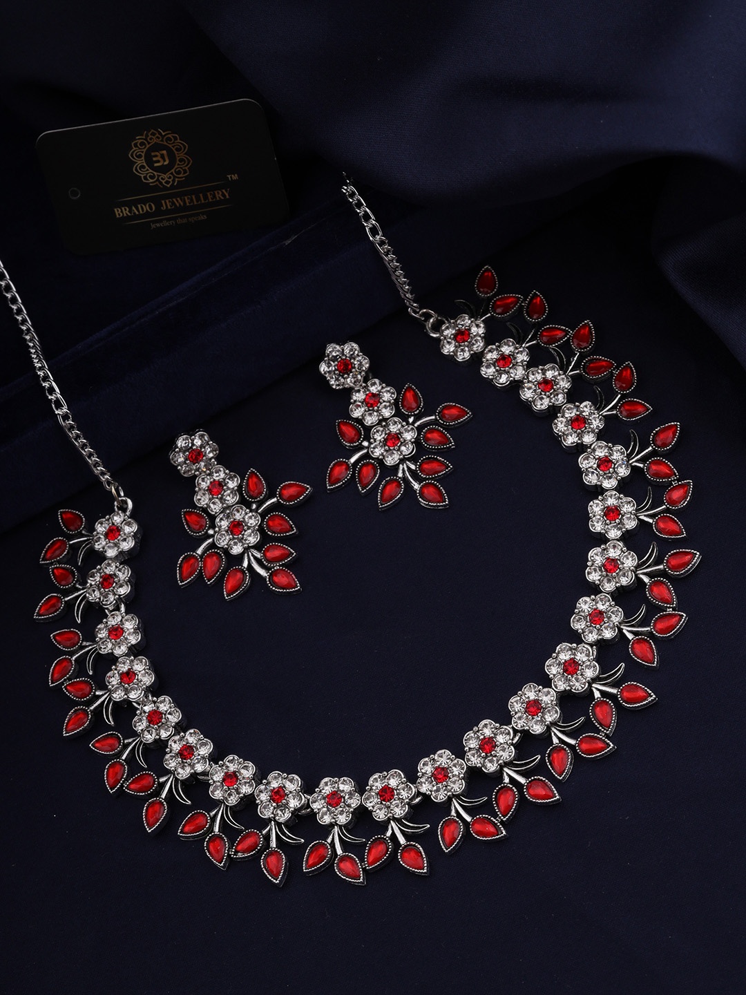 

Brado Jewellery Women Silver-Plated AD-Studded Oxidised Necklace and Earrings, Red