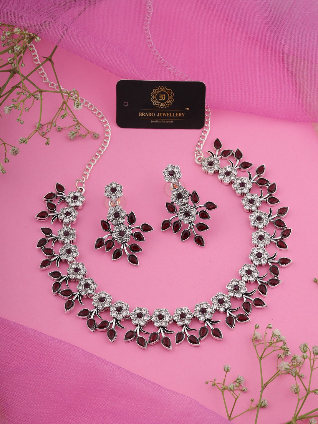 

Brado Jewellery Women Silver-Plated AD-Studded Oxidised Necklace and Earrings, Maroon