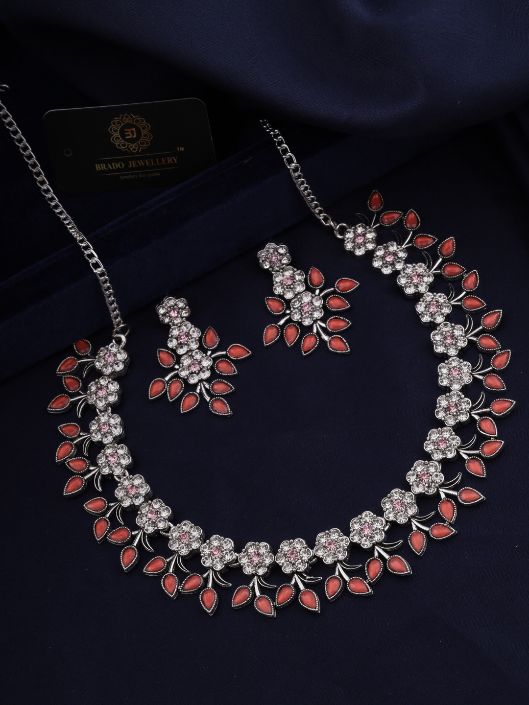 

Brado Jewellery Women Silver-Plated AD-Studded Oxidised Necklace and Earrings, Orange