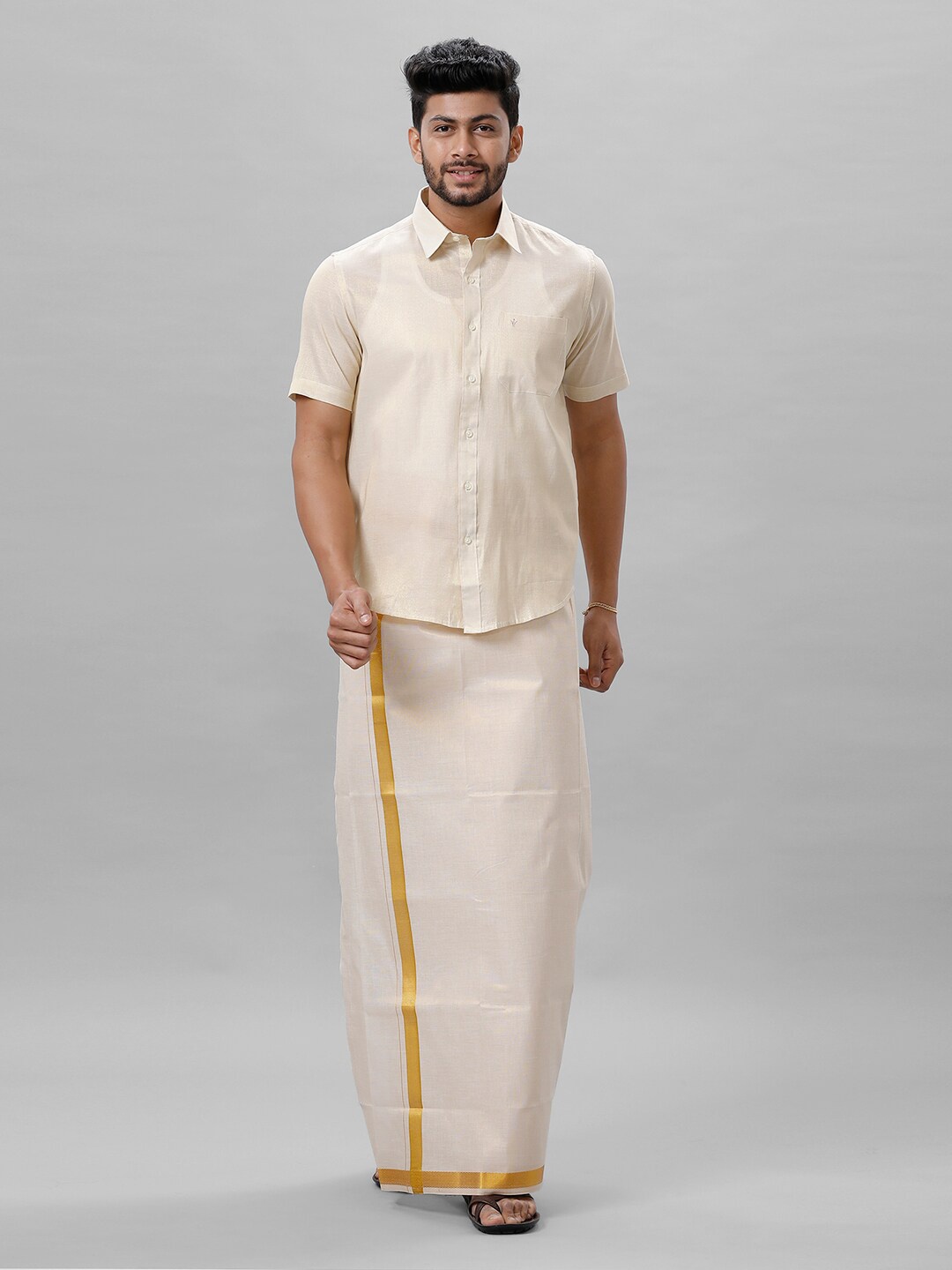 

Ramraj Men Tissue Shirt and Dhoti Set, Gold