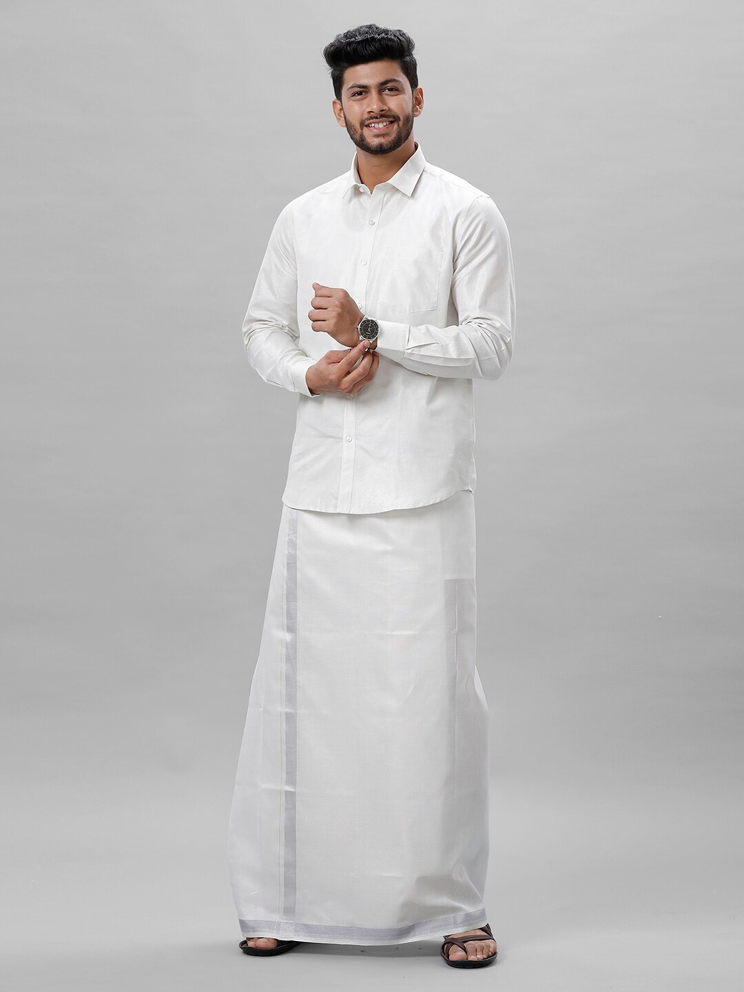 

Ramraj Men Tissue Shirt and Dhoti Set, Silver