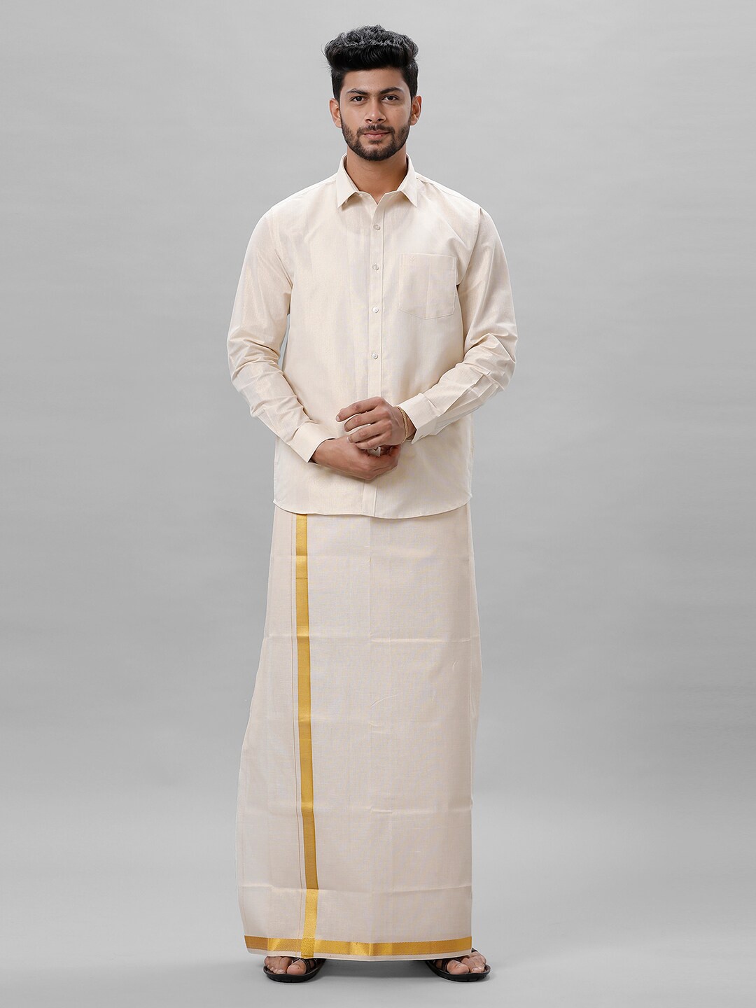 

Ramraj Men Tissue Shirt and Dhoti Set, Gold