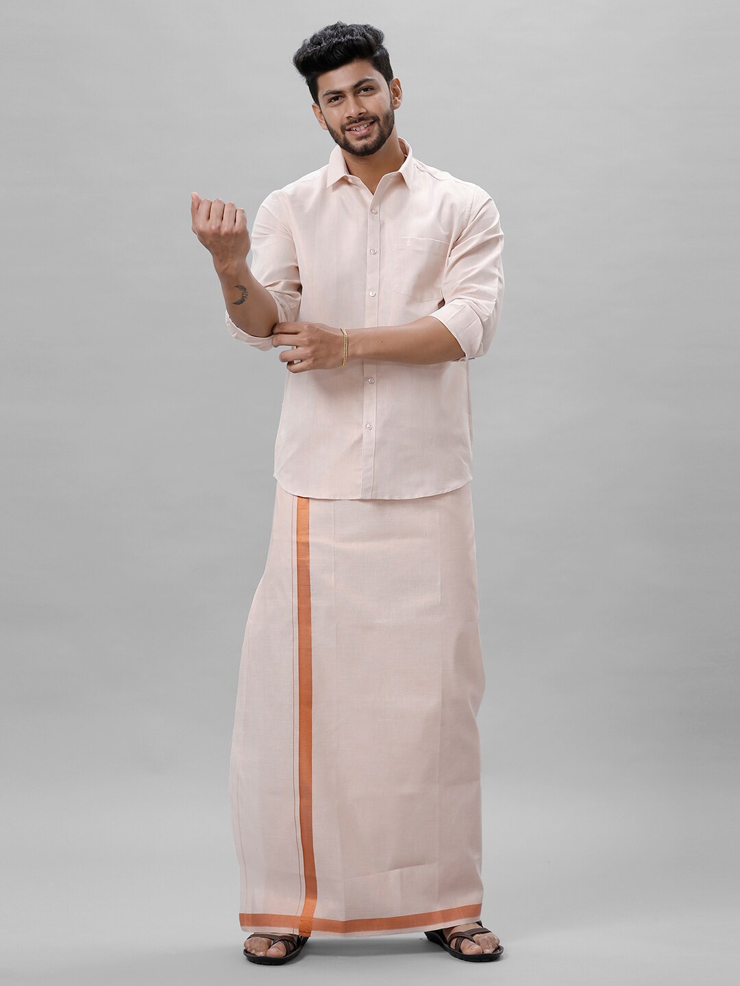 

Ramraj Men Tissue Shirt and Dhoti Set, White