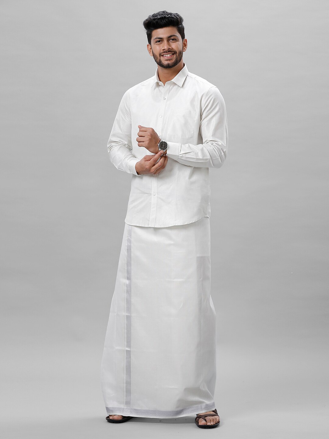 

Ramraj Men Tissue Shirt and Dhoti Set, White