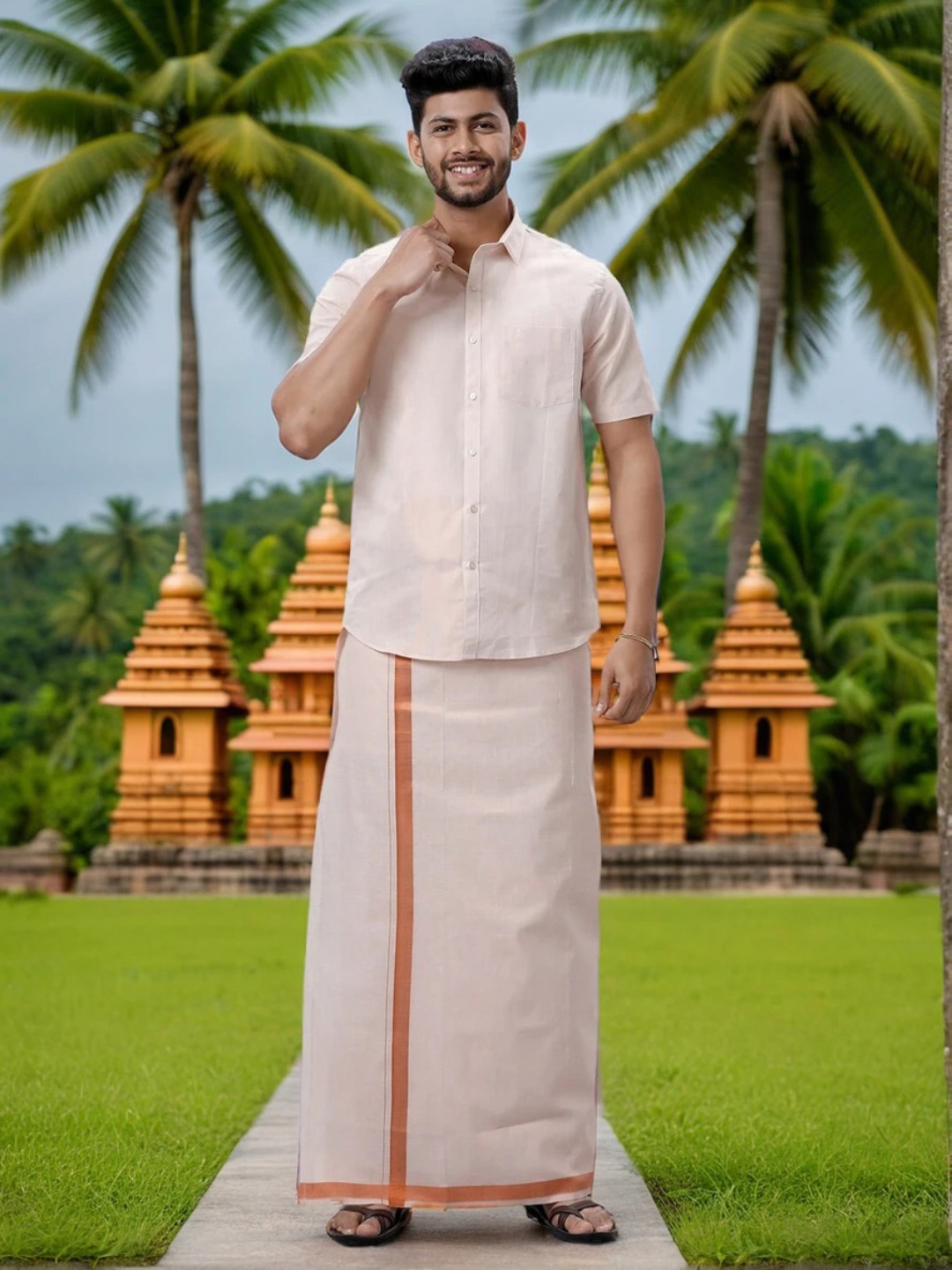 

Ramraj Men Tissue Shirt and Dhoti Set, Off white