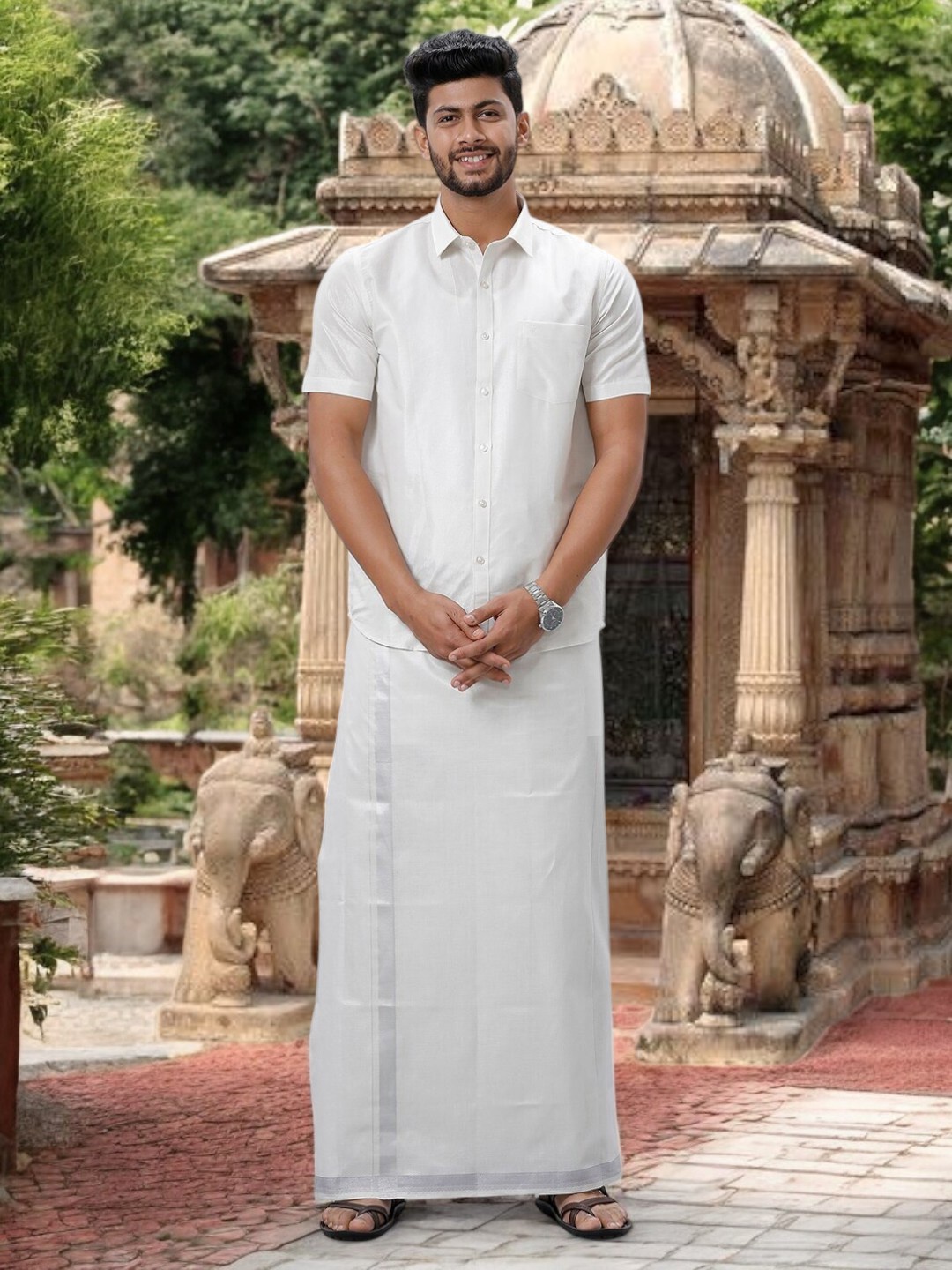 

Ramraj Men Tissue Shirt and Dhoti Set, White