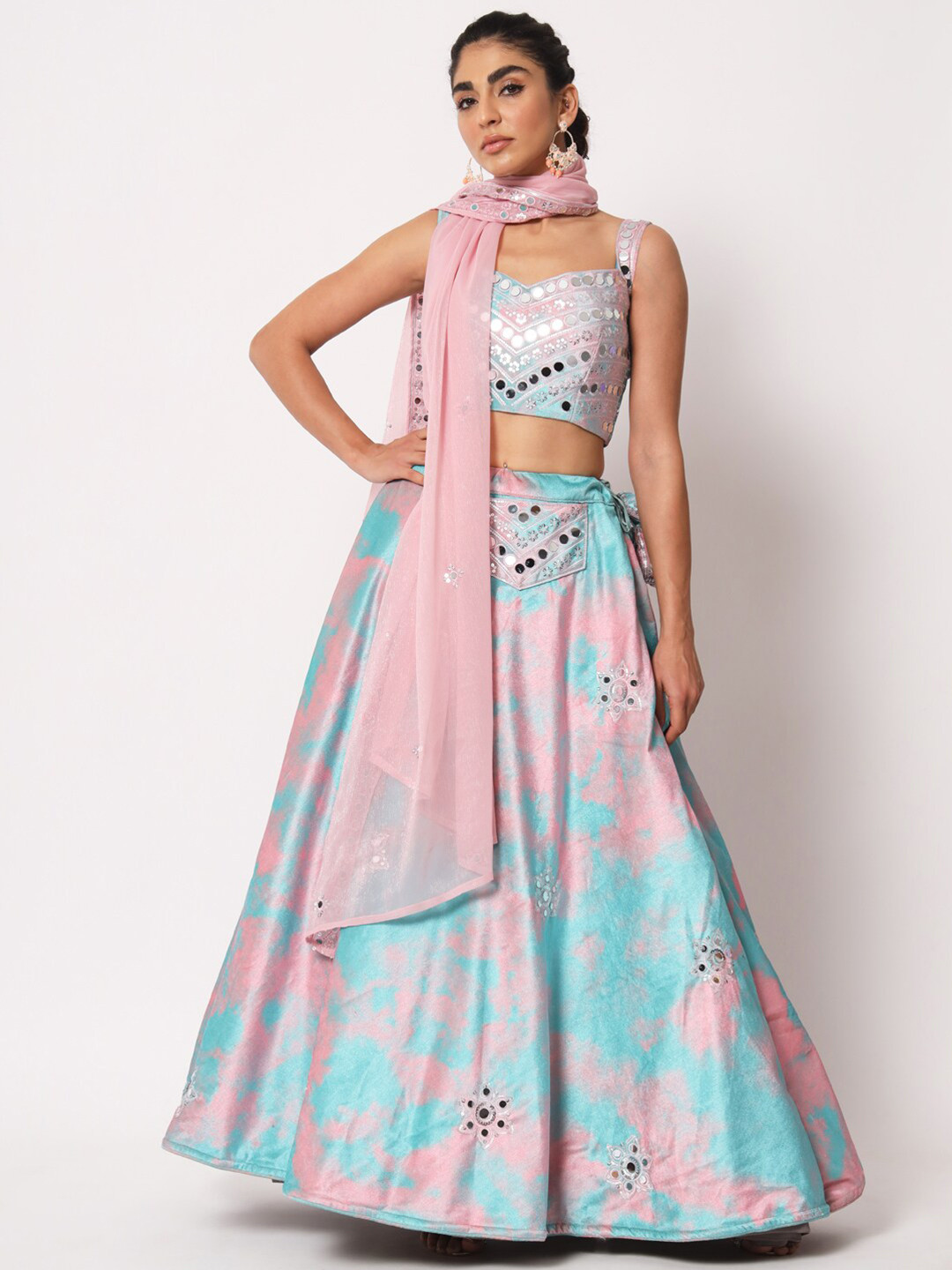 

SHUBHKALA Embellished Mirror Work Semi-Stitched Lehenga & Unstitched Blouse With Dupatta, Blue