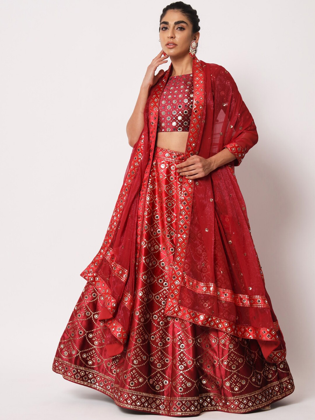 

SHUBHKALA Embroidered Velvet Semi-Stitched Lehenga & Unstitched Blouse With Dupatta, Maroon