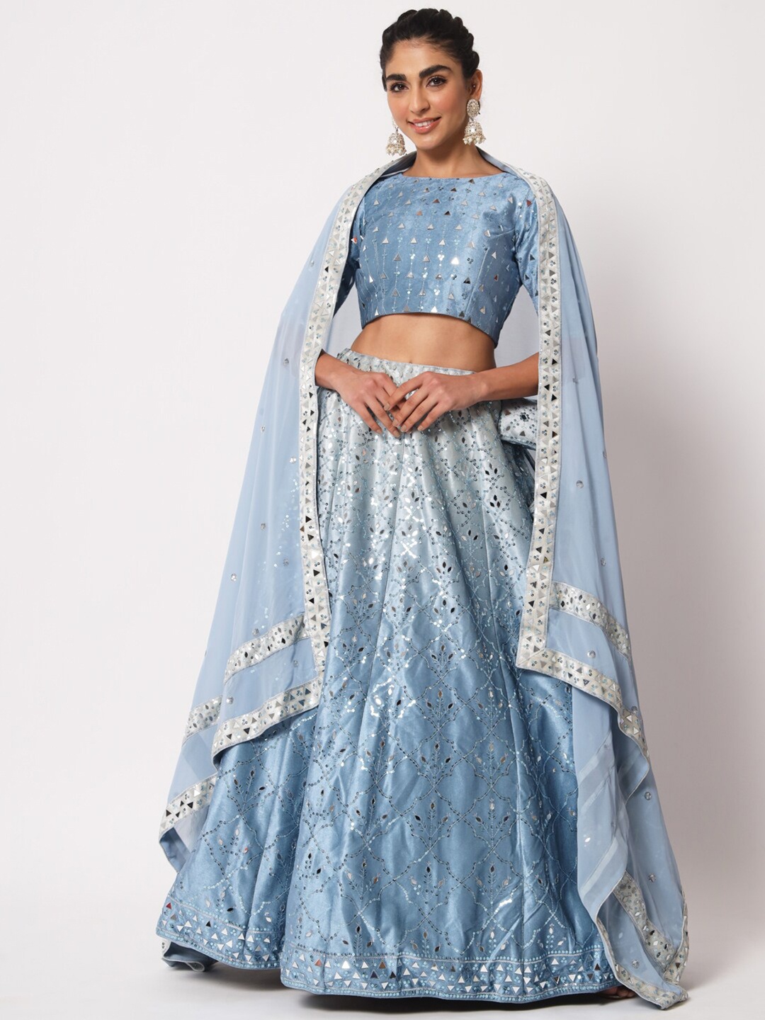 

SHUBHKALA Embroidered Velvet Semi-Stitched Lehenga & Unstitched Blouse With Dupatta, Turquoise blue