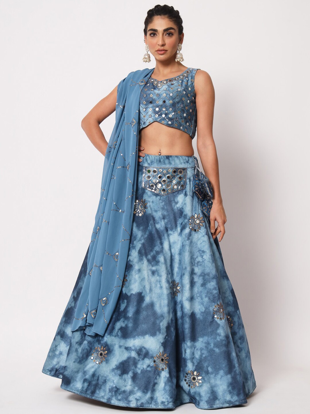 

SHUBHKALA Embroidered Velvet Semi-Stitched Lehenga & Unstitched Blouse With Dupatta, Blue