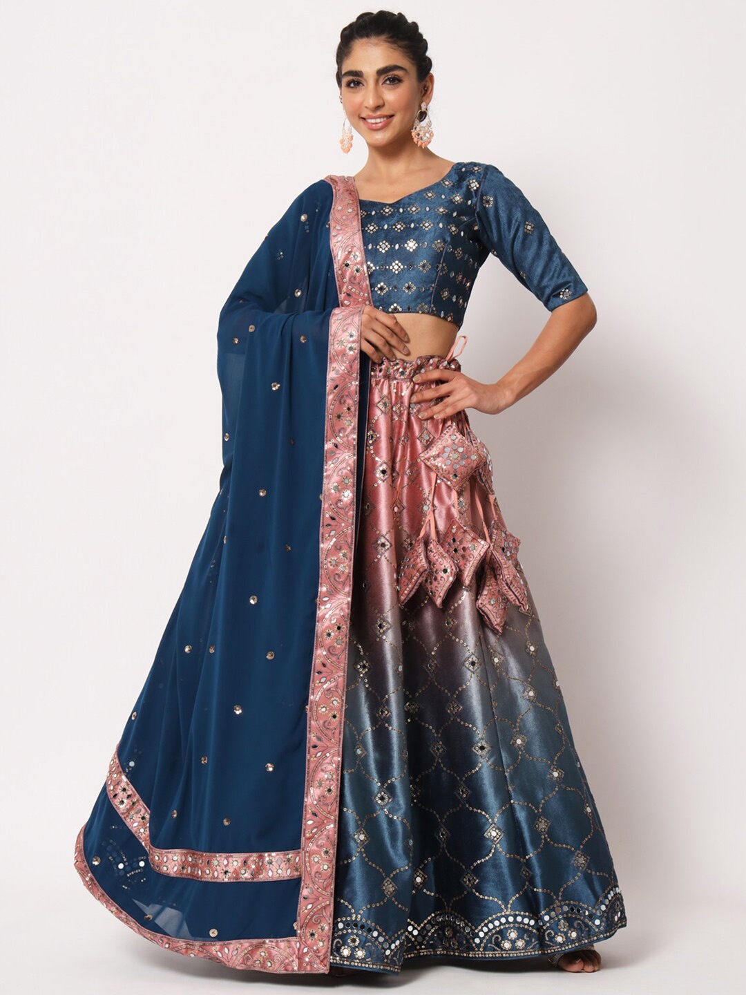 

SHUBHKALA Embellished Velvet Semi-Stitched Lehenga & Unstitched Blouse With Dupatta, Teal